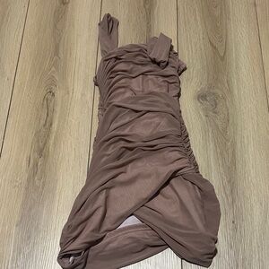 Chic Ruched Mini Dress in Taupe